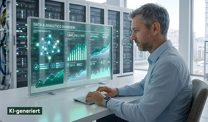 Ein Mann arbeitet in einem Serverraum an einem großen, transparenten Bildschirm, auf dem „Data and analytics overview“ steht.
