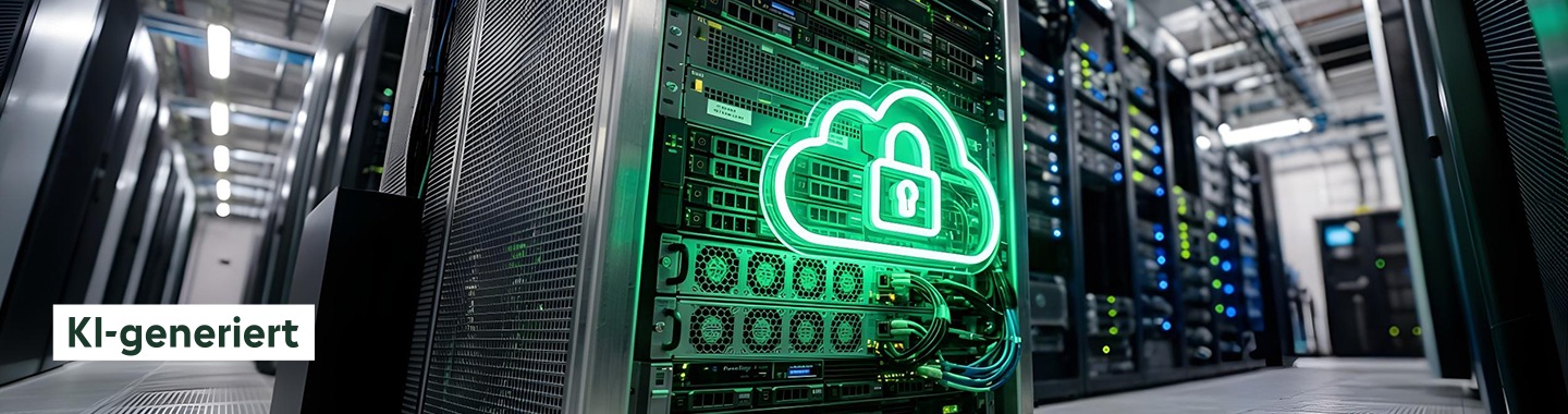 Ein großer Server mit einem grünen Neon-Schloss-Symbol darüber.