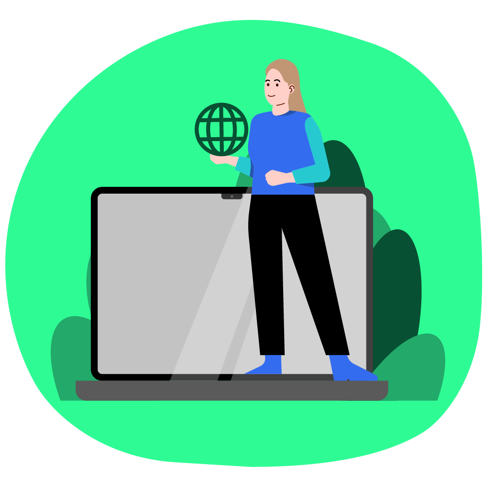 Illustration zum Thema weltweite Vernetzung: Frau steht vor dem Laptop und hält die Erdkugel in der Hand.