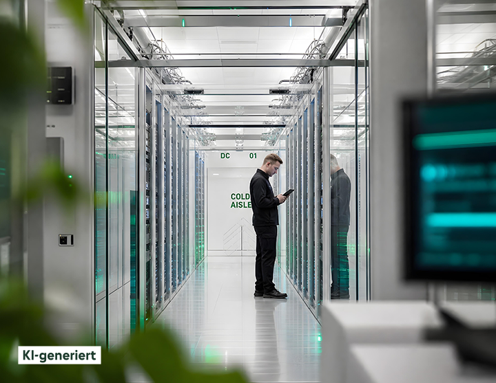 Ein Mann in einem schwarzen Anzug arbeitet in einem Serverraum.