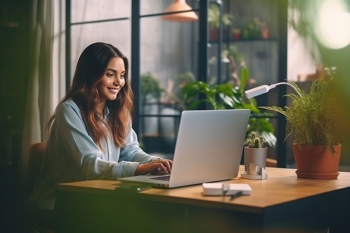 Woman smiling working on a laptop