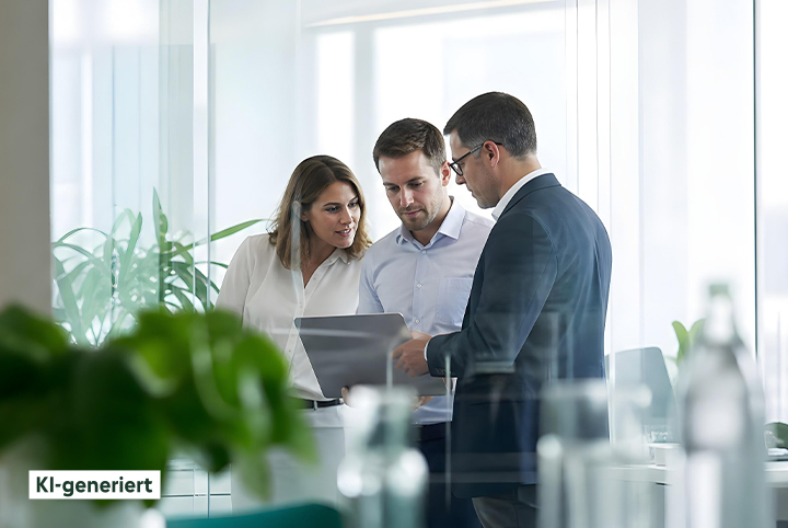 Eine Frau und zwei Männer in Anzügen besprechen etwas in einem Büro.
