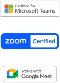 Logo Certified for Microsoft Teams, Logo Zoom Certified und Logo Works with Google Meet