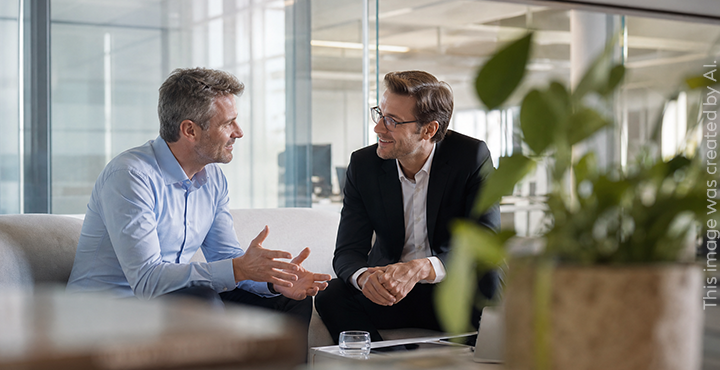 Two businessmen are talking in an office