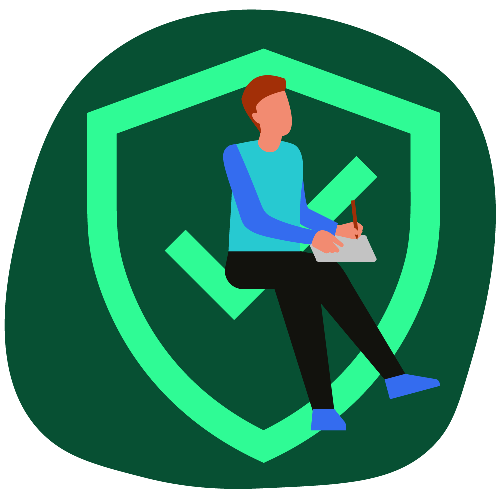 Illustration zum Thema Sicherheit: Eine Person sitzt vor einem Schutzschild