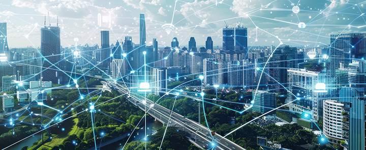 Eine Ansicht der Smart City mit dem darüber liegenden Internetnetzwerk.