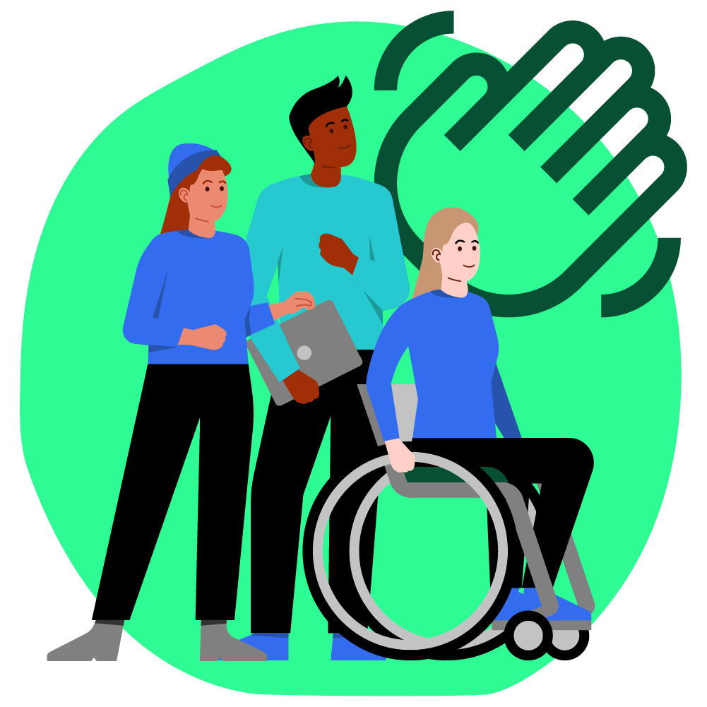 Illustration zum Thema starker Start: Abgebildet sind drei Personen – ein Mann, eine junge Frau und eine Frau im Rollstuhl –, diese symbolisieren gleiche Chancen auf einen starken Start in einem Unternehmen stehen.