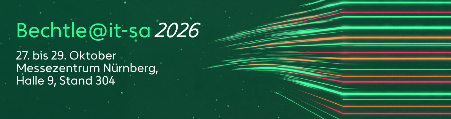 Dieses Banner für die Eventseite des it-sa Messesauftritts von bechtle zeigt den Titel "bechtle@it-sa 2026" als hellgrüne und weiße Schrift , sowie die Eventdetails "27. bis 29. Oktober, Messezentrum Nürnberg, Halle 9, Stand 304" als weiße Schrift. Der Hintergrund ist dunkelgrün mit hellgrünen Partikeln. Im rechten drittel des Banners bilden hellgrüne, pinke und orangene Linien einen interessanten visuellen Kontrast.