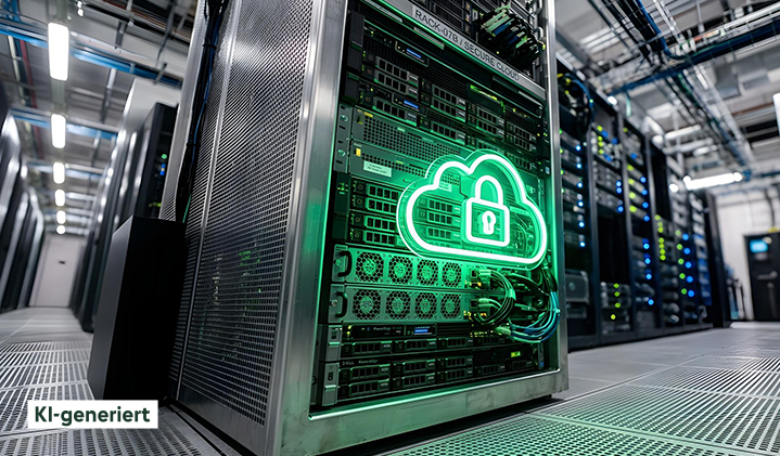 Ein großer Server mit einem grünen Neon-Wolkensymbol