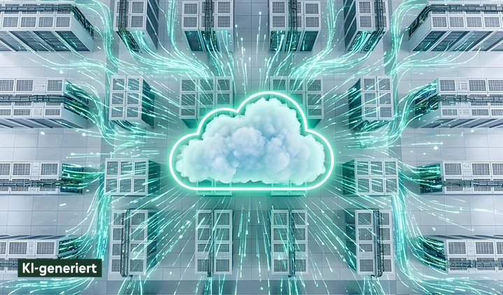 Eine große Wolke über einem Rechenzentrum; Neon-Ströme gehen von der Wolke aus.