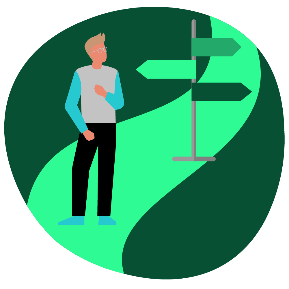 Illustration zum Thema Weiterentwicklung: ein Mann befindet sich auf einem Weg mit 3 Wegweisern