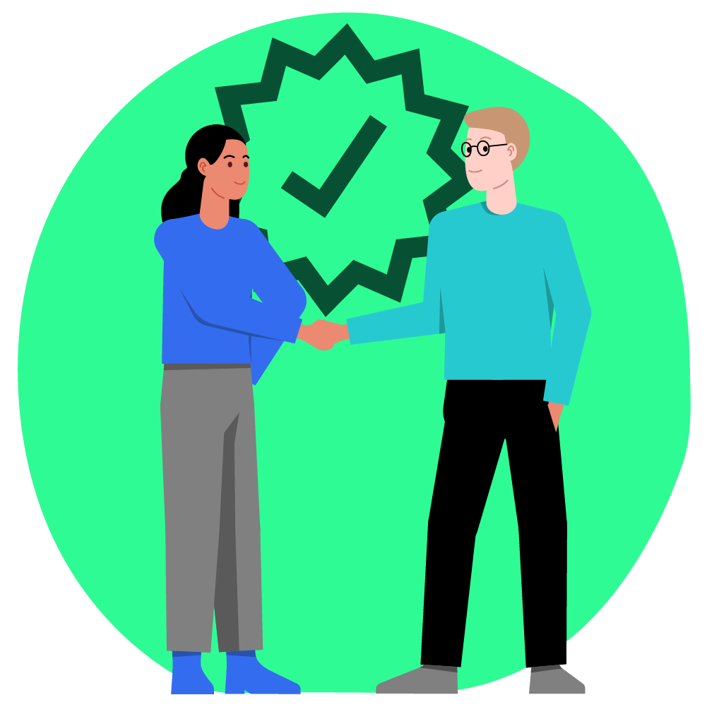 Illustration zum Thema gute Übernahmechancen: Illustration zum Thema gut vernetzt: Mann und Frau schütteln die Hände.