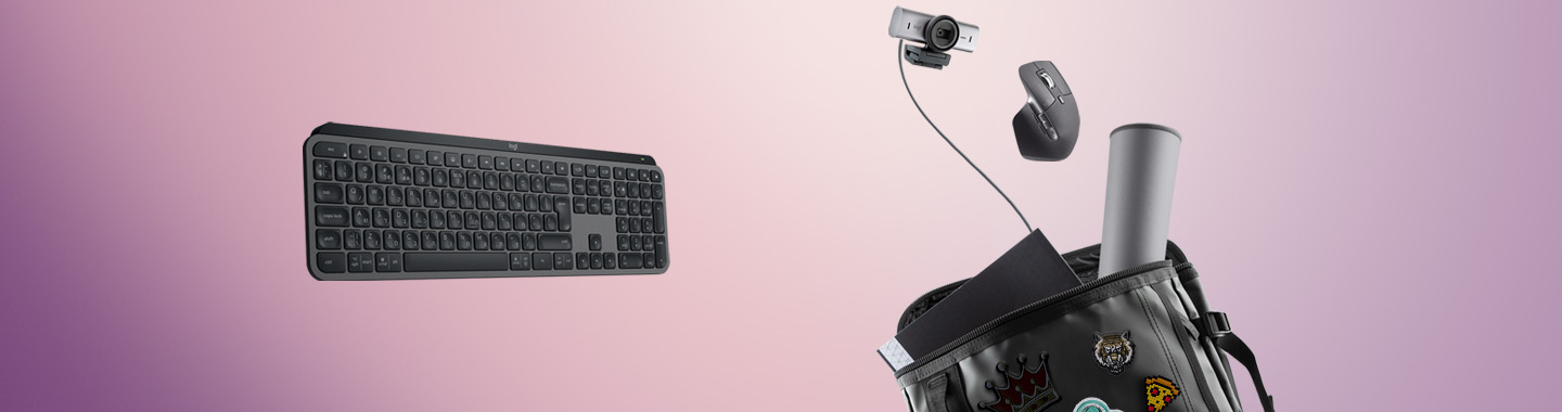 Wireless keyboard, mouse, and webcam floating above a backpack with patches as mobile office equipment