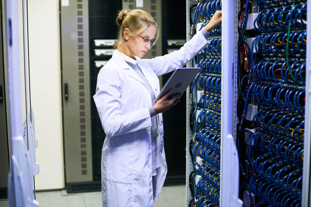 Woman working in networking room