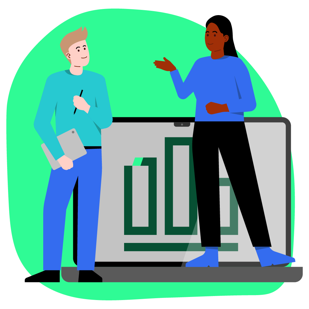 Illustration zum Thema reale Herausforderungen: Eine Frau berichtet an seinen Kollegen, beide stehen vor einem Laptop