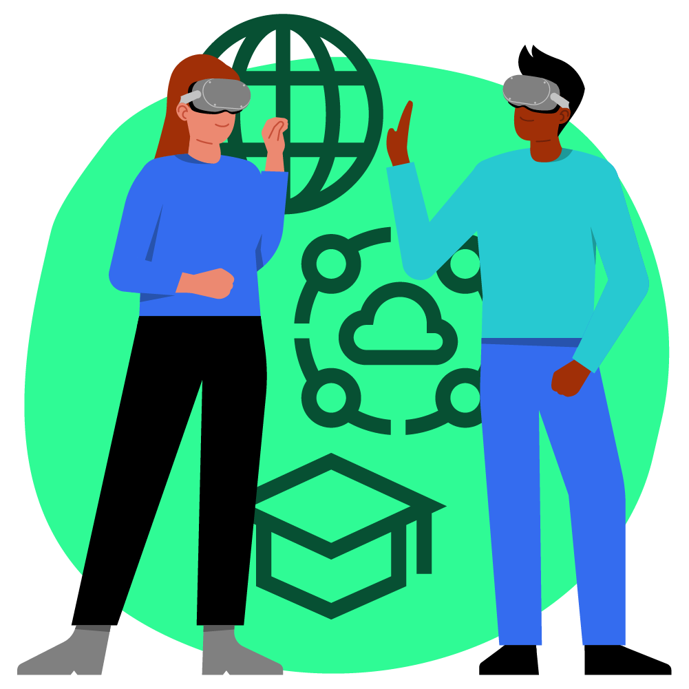 Illustration zum Thema Lernwerkstatt: eine Frau und ein Mann tragen Schützenbrille. 