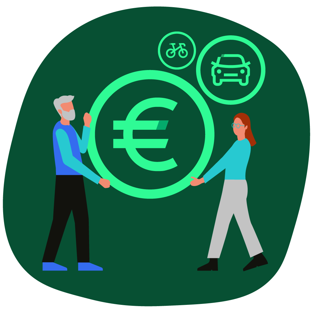 Illustration zum Thema Fahrtkosten: zwei Personen halte eine symbolische grafisch als Icon dargestellte Euro MünzeEuro